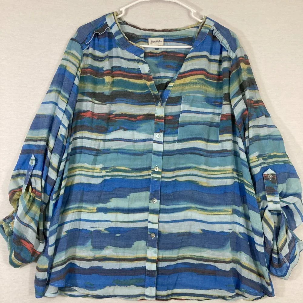 Yarn & Sea Blue Y-Neck Soft Lightweight Button Down 1X